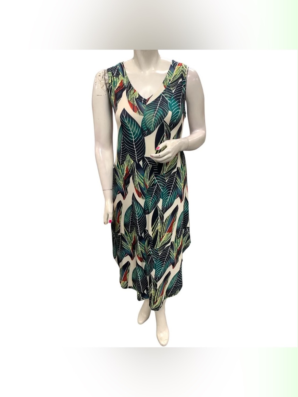 Zipcremo Tropical Leaf V-Neck Maxi Dress in Green and Cream Size L
